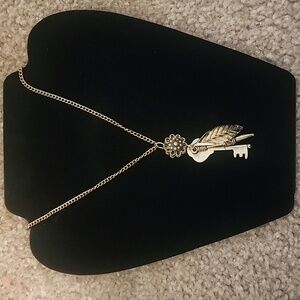 Gold Key and Leaf Pendant Long Necklace